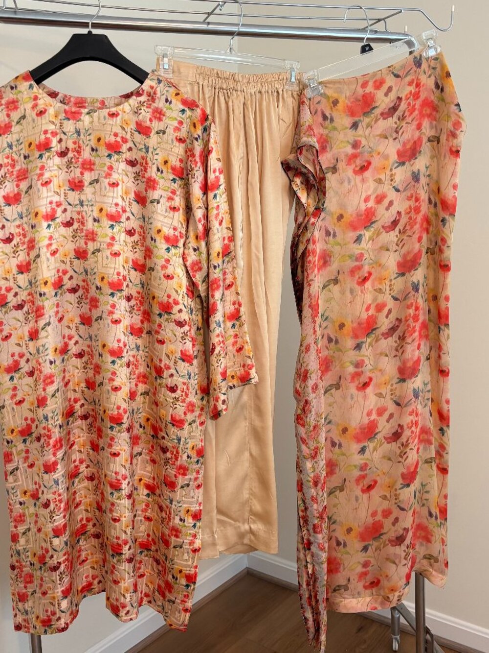 Beige printed shamoz silk kameez/trousers Pakistani outfit with chiffon dupatta